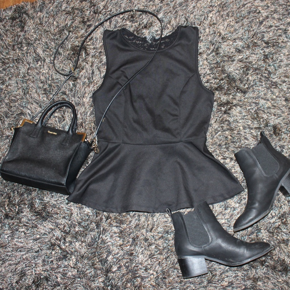 Forever 21 Lace Peplum Top Black Small